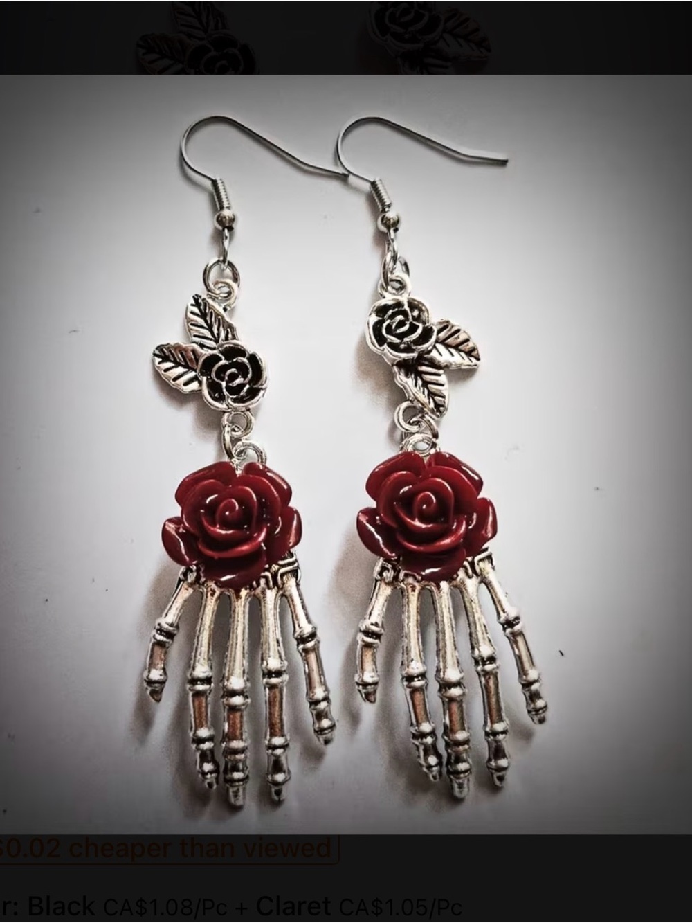 ⭐️ Red Rose & Skeleton Hand Dangle Earrings